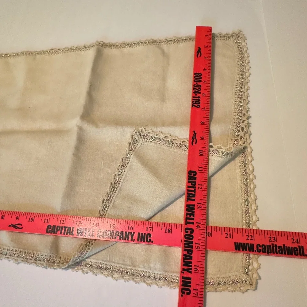 Vintage Linen Table Runner Cream Crochet Lace Trim Pastel Embroidered 44x17